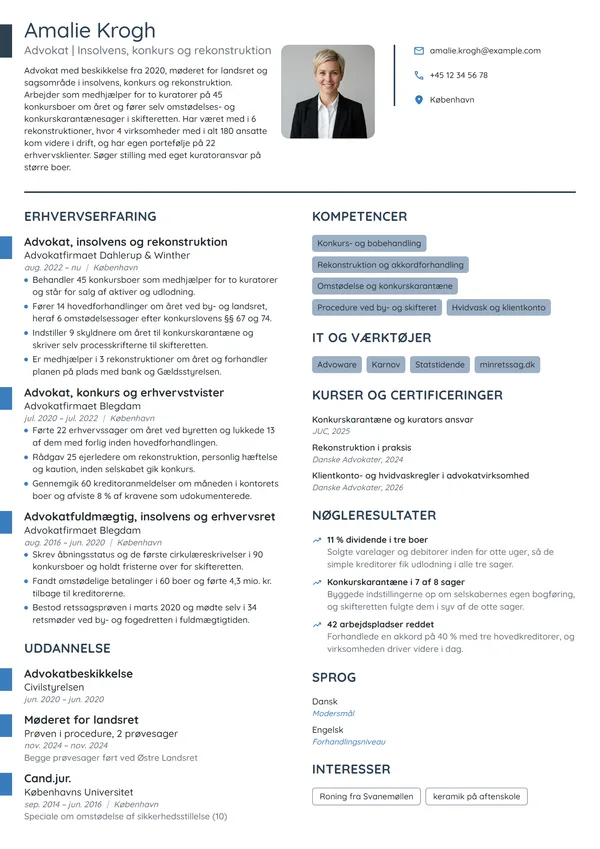 CV-eksempel til erfaren advokat i insolvens