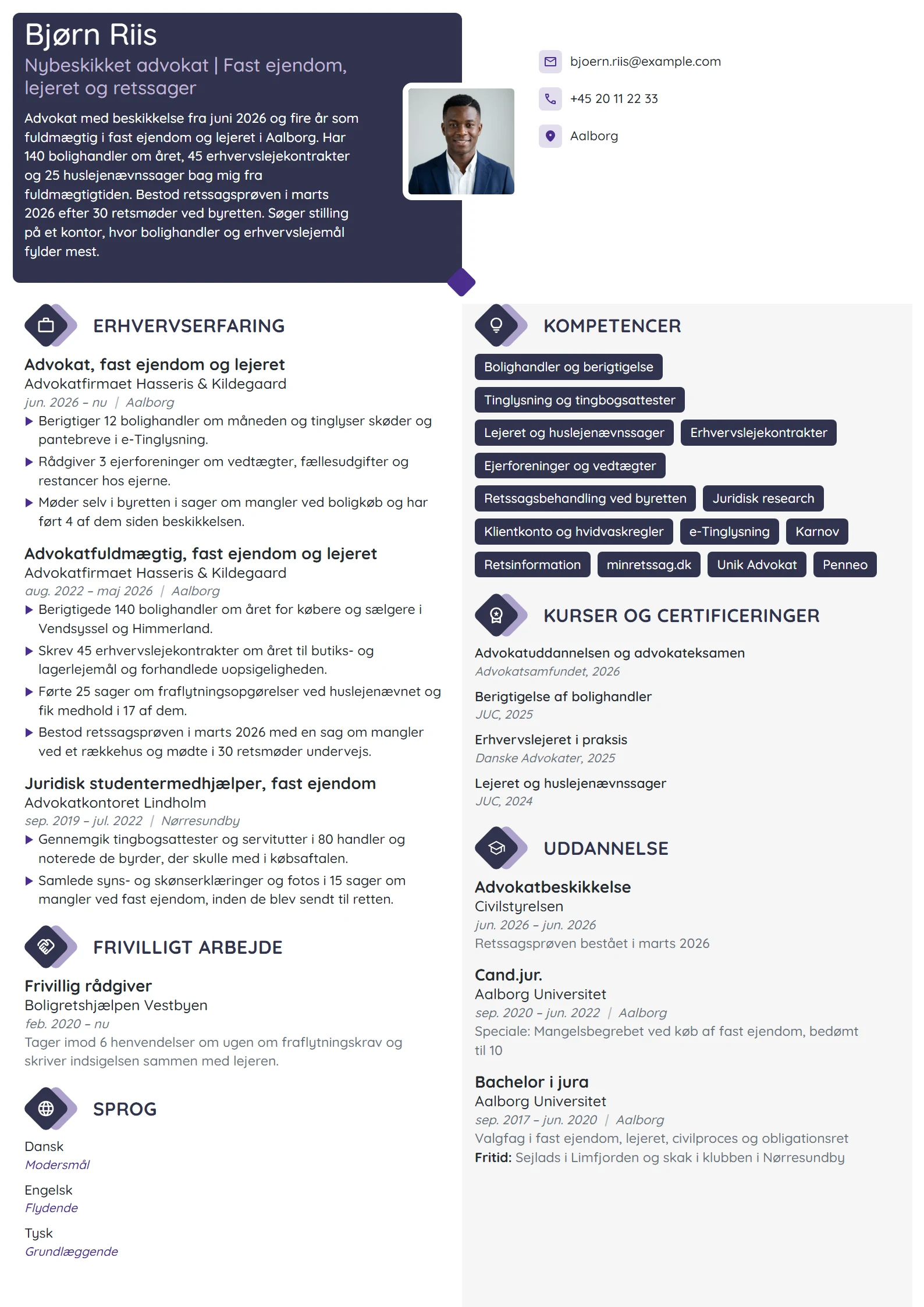 CV-eksempel til nybeskikket advokat, fast ejendom