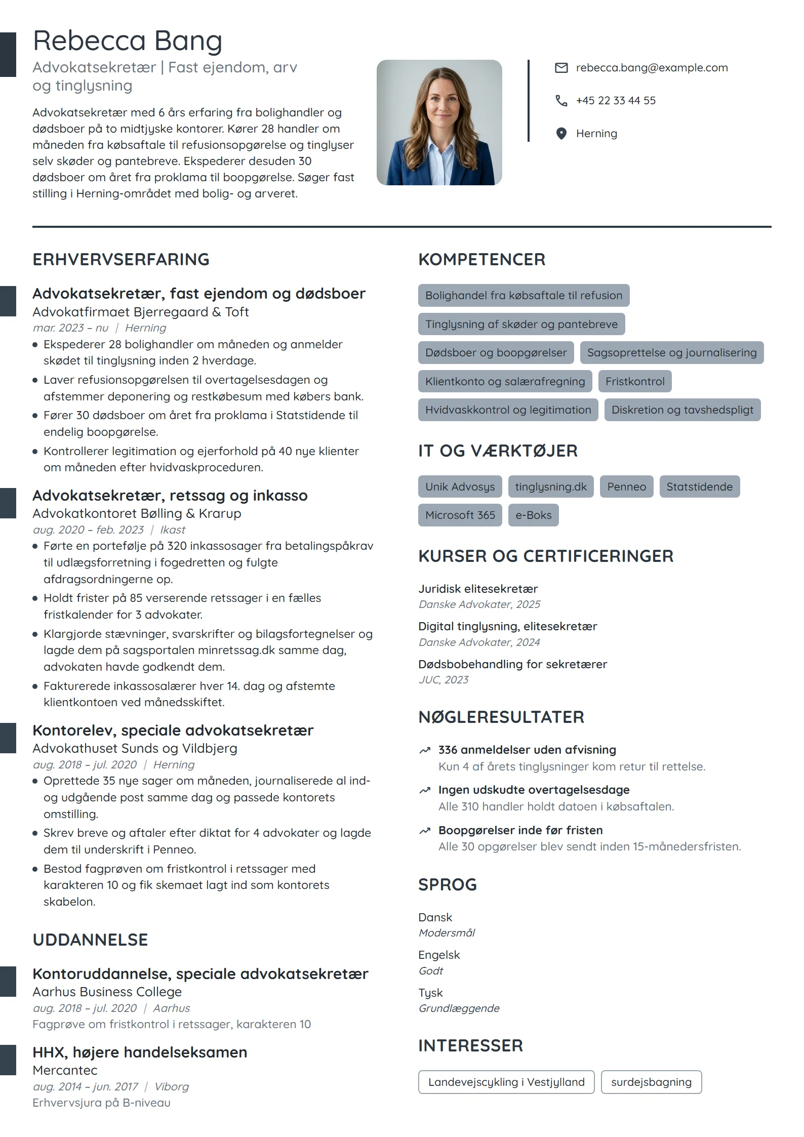 CV-eksempel til advokatsekretær i fast ejendom