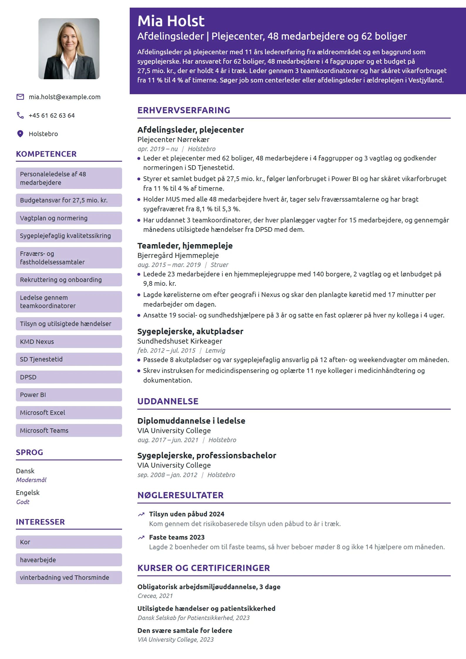 CV-eksempel til afdelingsleder på plejecenter