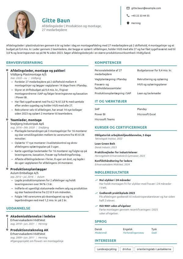 CV-eksempel til afdelingsleder i produktion