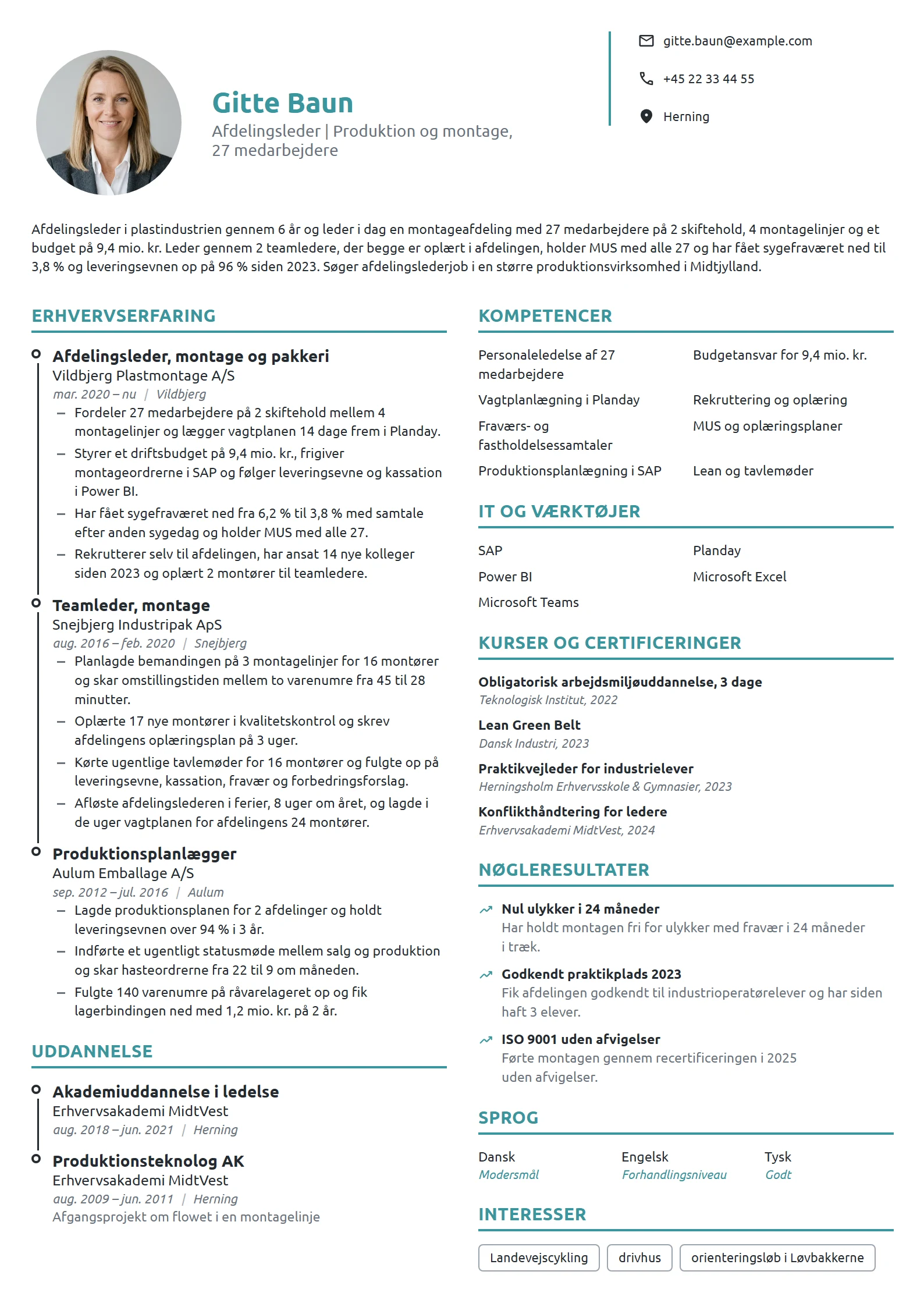 CV-eksempel til afdelingsleder i produktion