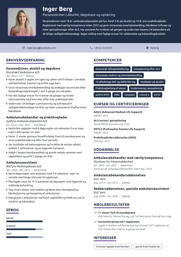 CV-eksempel til paramediciner med uddannelsesansvar