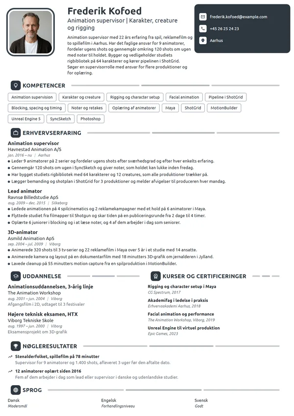 CV-eksempel til animation supervisor med 22 års erfaring