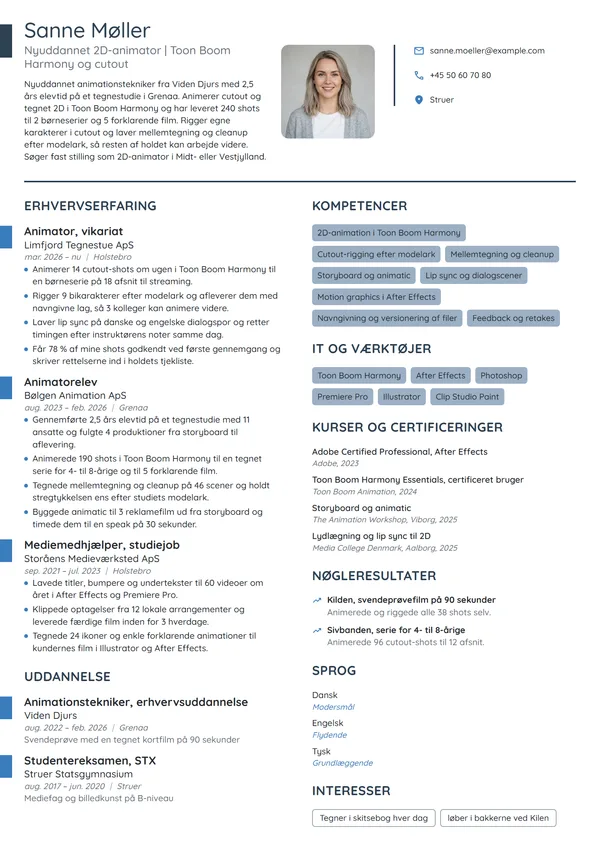 CV-eksempel til nyuddannet 2D-animator fra elevplads