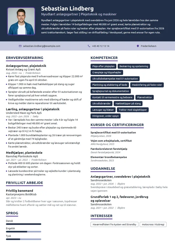 CV-eksempel til nyudlært anlægsgartner i plejeteknik