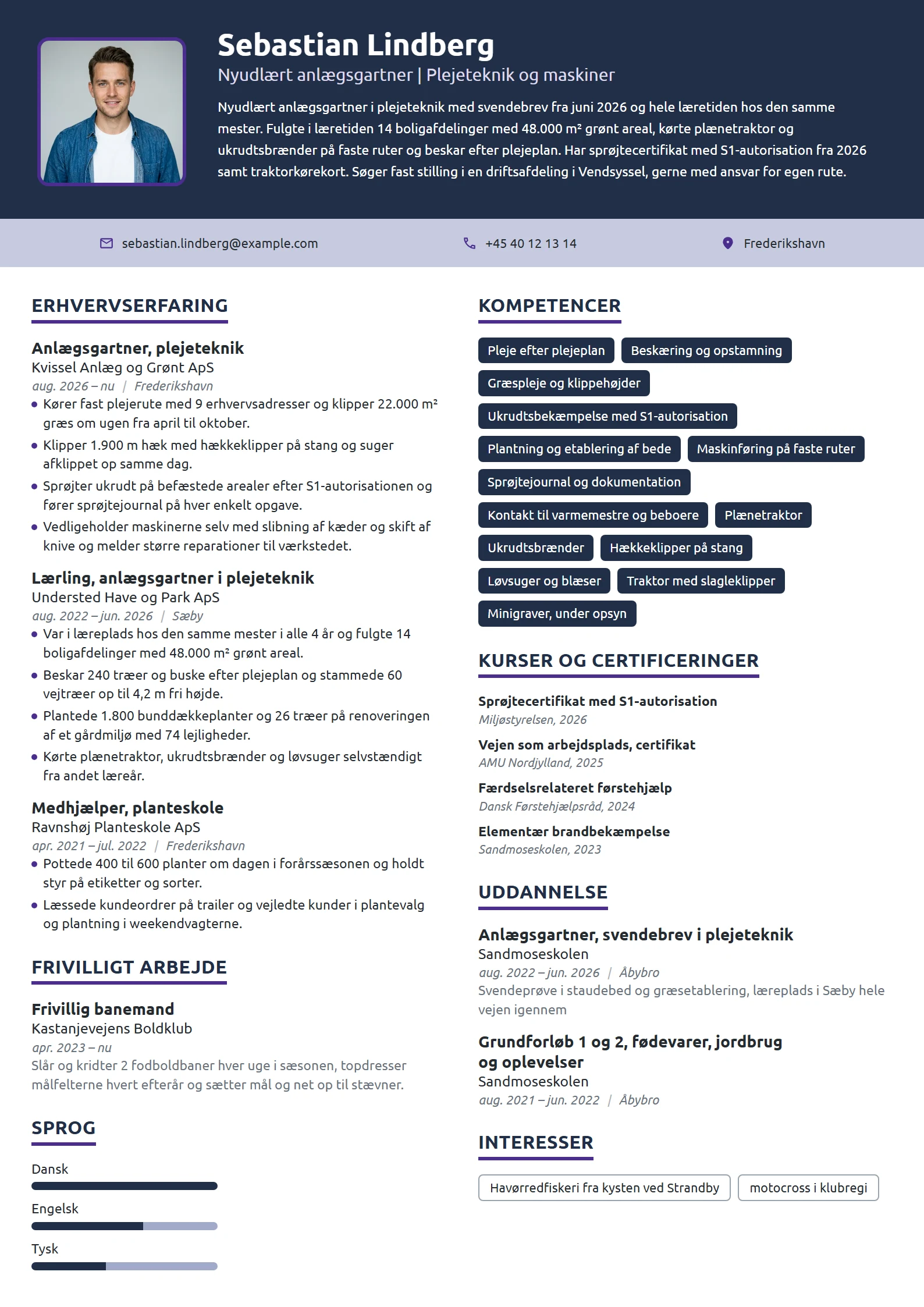 CV-eksempel til nyudlært anlægsgartner i plejeteknik