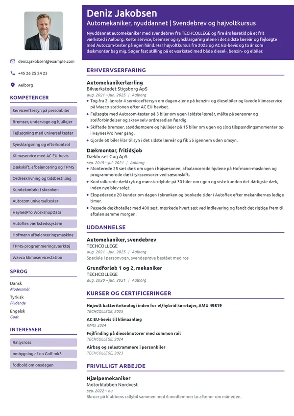 CV-eksempel til nyuddannet automekaniker med svendebrev