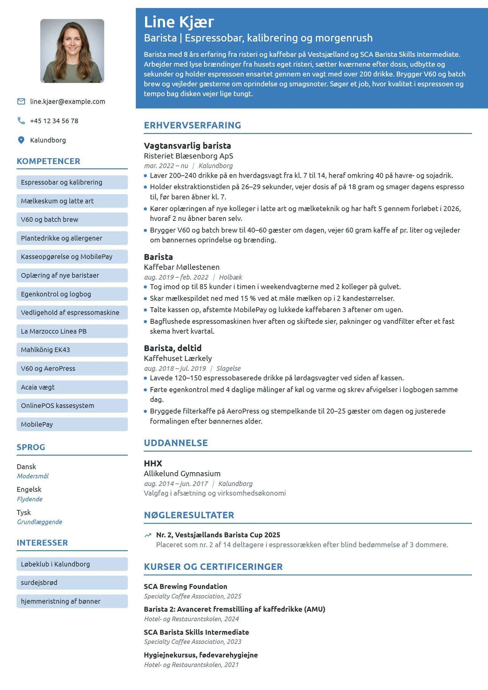 CV-eksempel til erfaren barista i specialty-kaffebar