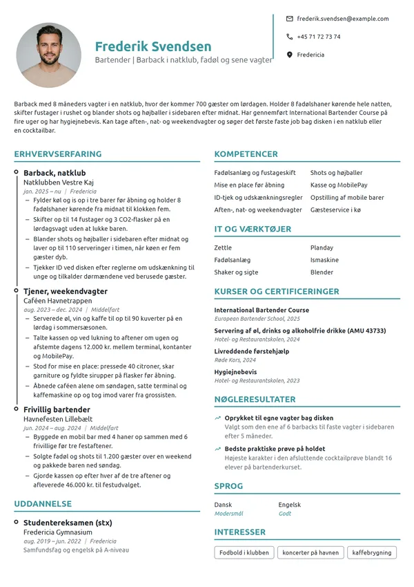 CV-eksempel til ny bartender med barback-vagter