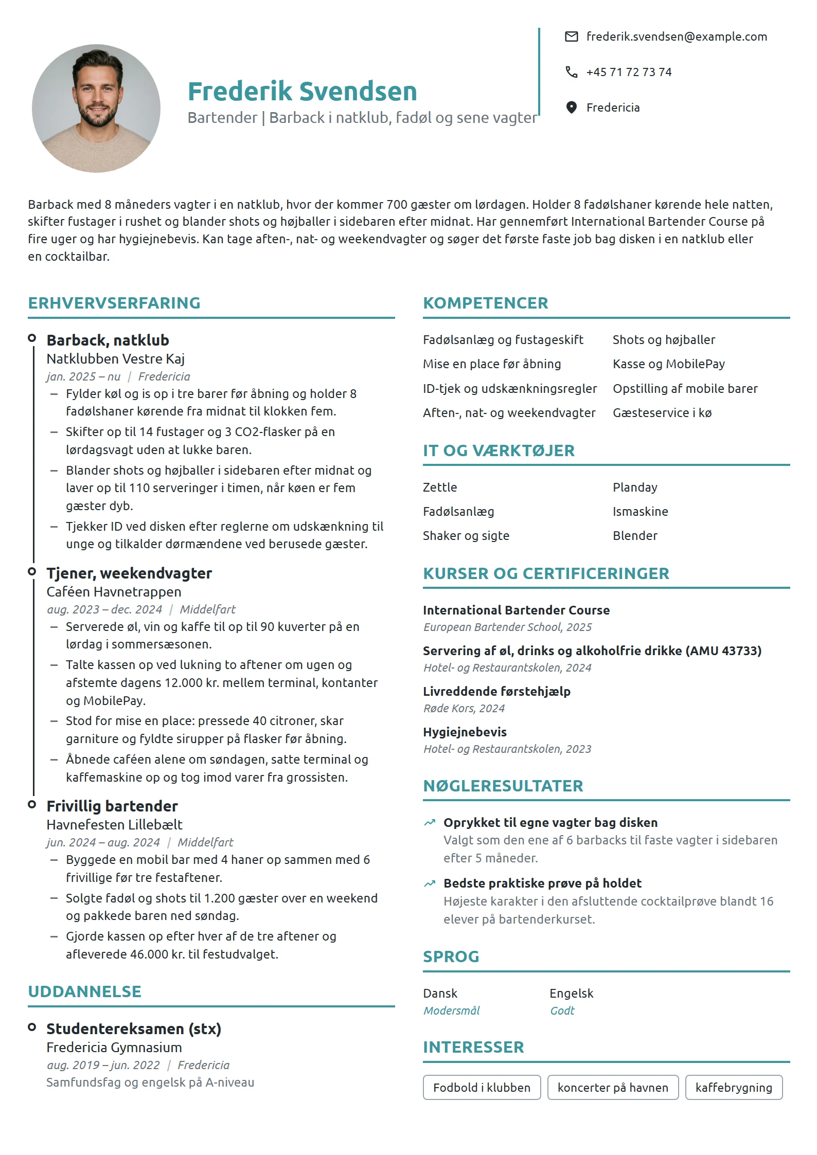 CV-eksempel til ny bartender med barback-vagter