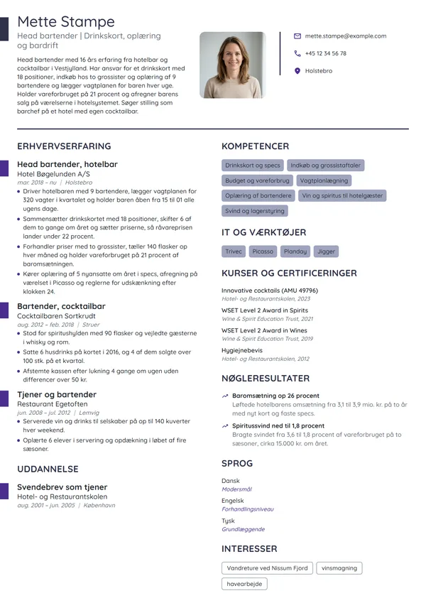 CV-eksempel til head bartender med driftsansvar