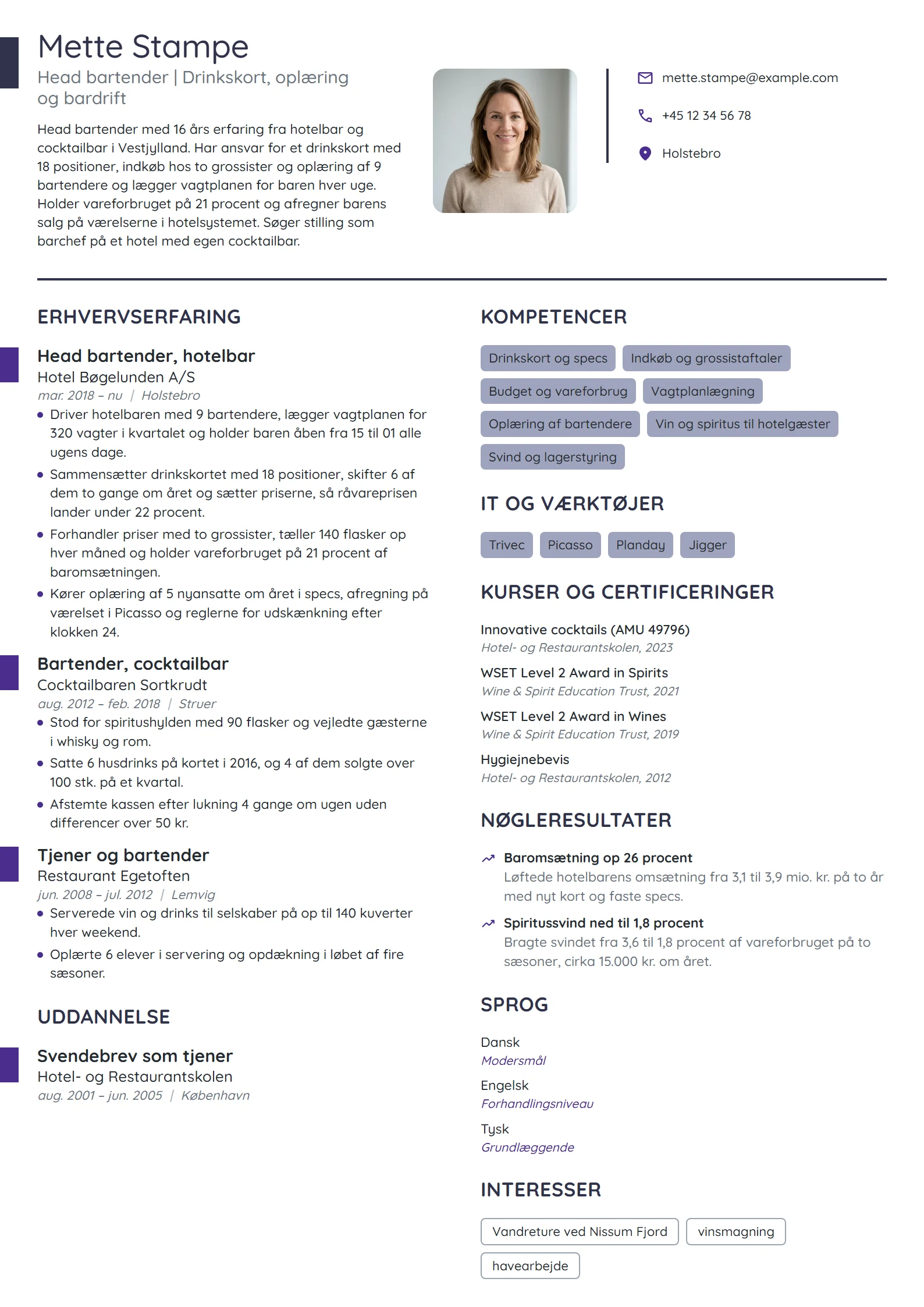 CV-eksempel til head bartender med driftsansvar