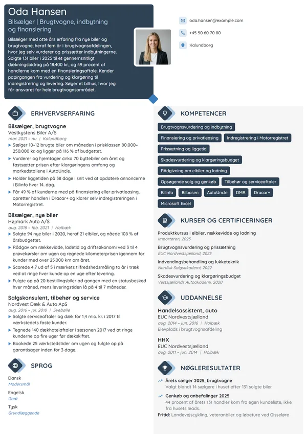 CV-eksempel til erfaren bilsælger, brugtvogne