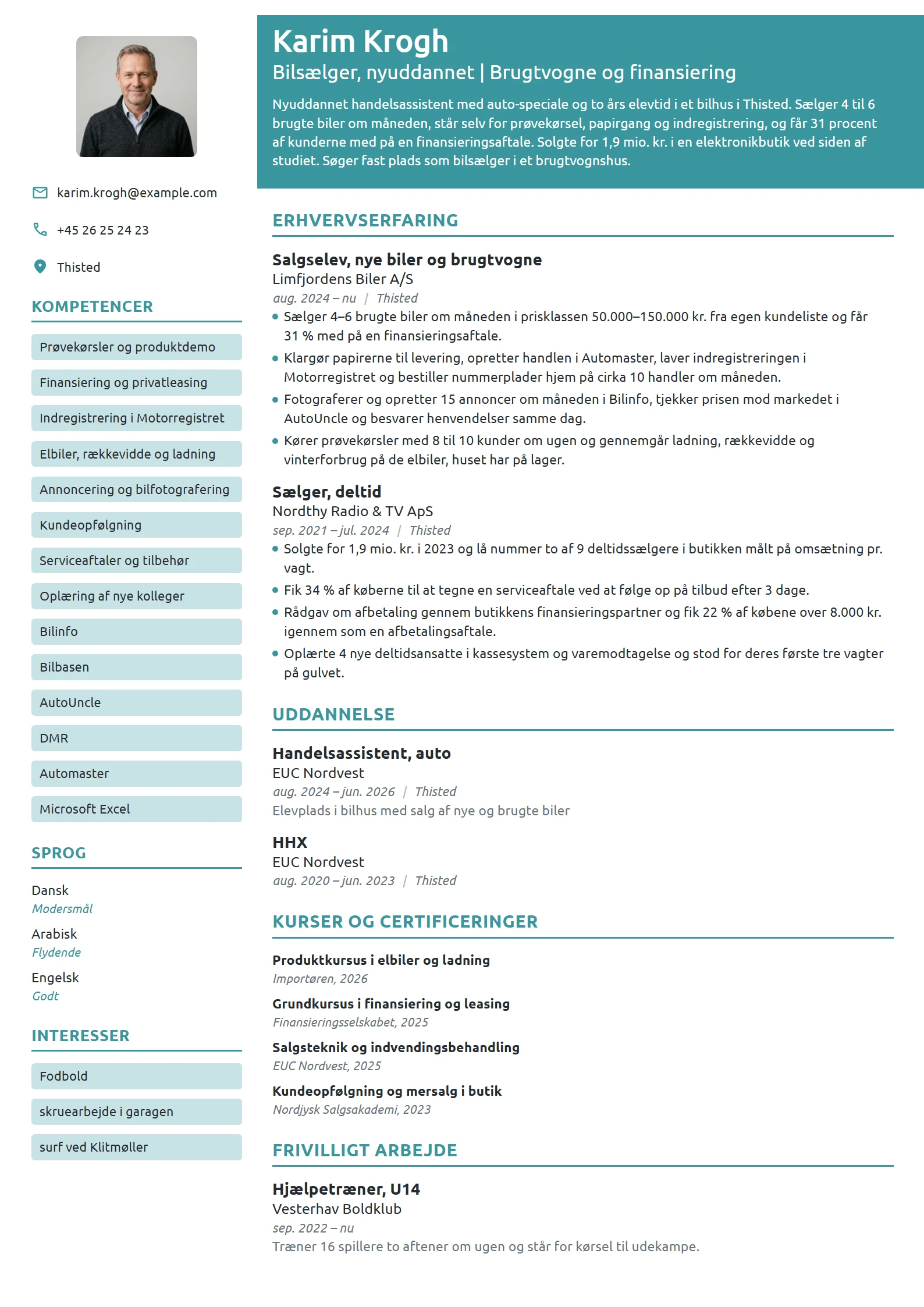 CV-eksempel til nyuddannet bilsælger med elevplads
