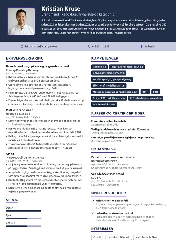 CV-eksempel til erfaren brandmand på døgnstation