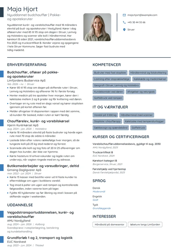 CV-eksempel til nyuddannet budchauffør med varebilsbevis