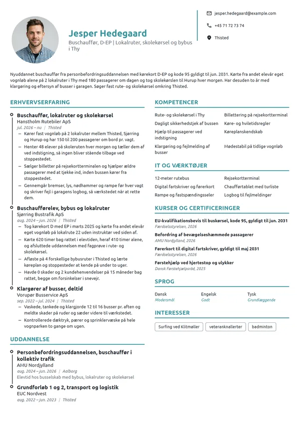 CV-eksempel til nyuddannet buschauffør, lokalruter i Thy
