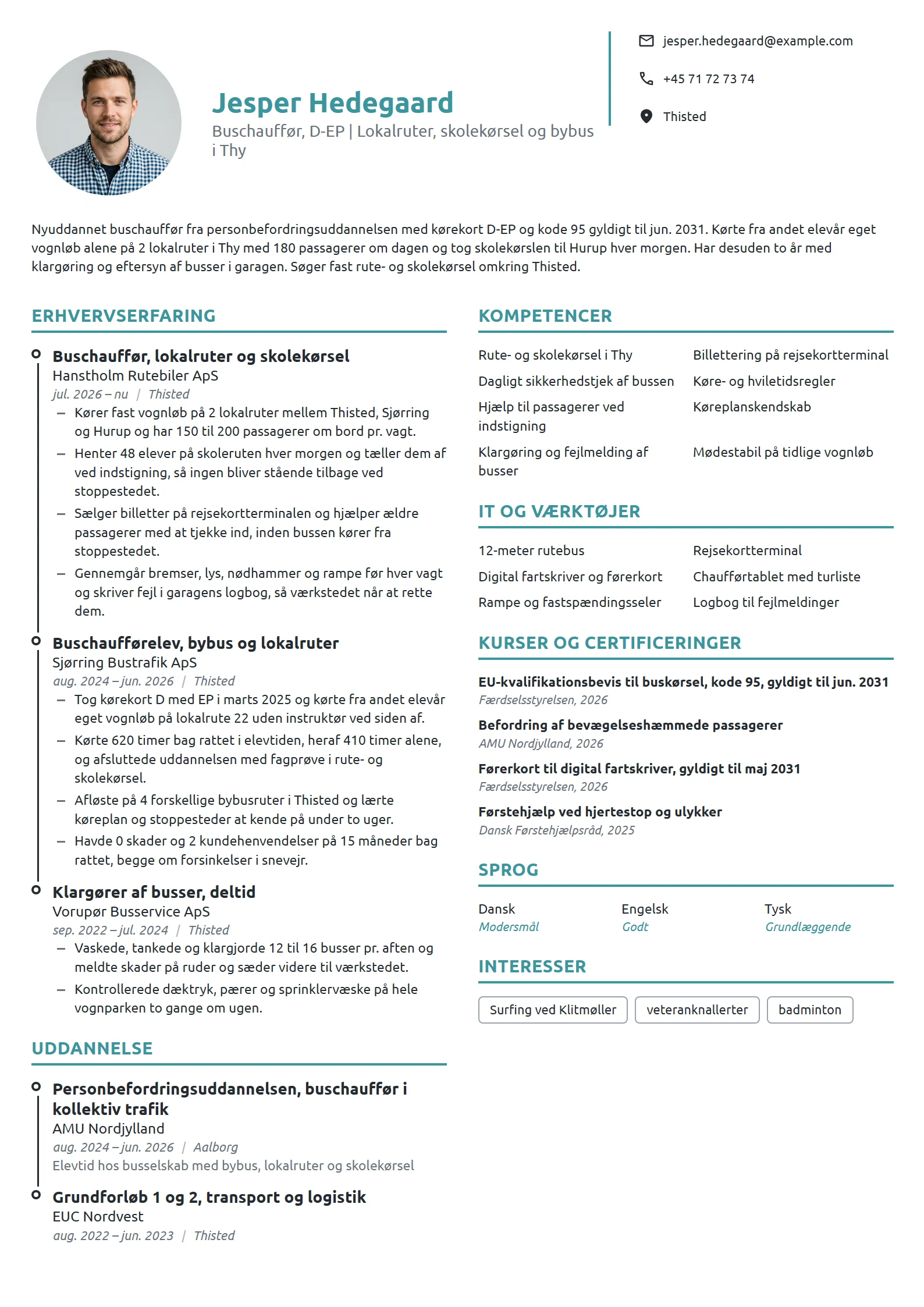 CV-eksempel til nyuddannet buschauffør, lokalruter i Thy