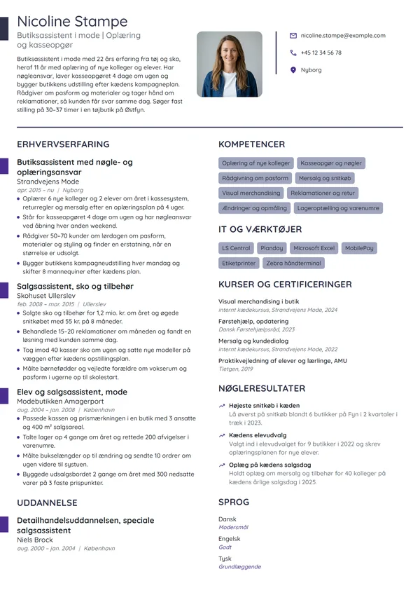 CV-eksempel til butiksassistent med oplæringsansvar