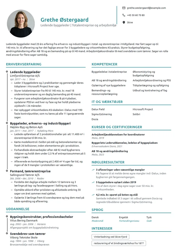 CV-eksempel til ledende byggeleder med 20 års erfaring