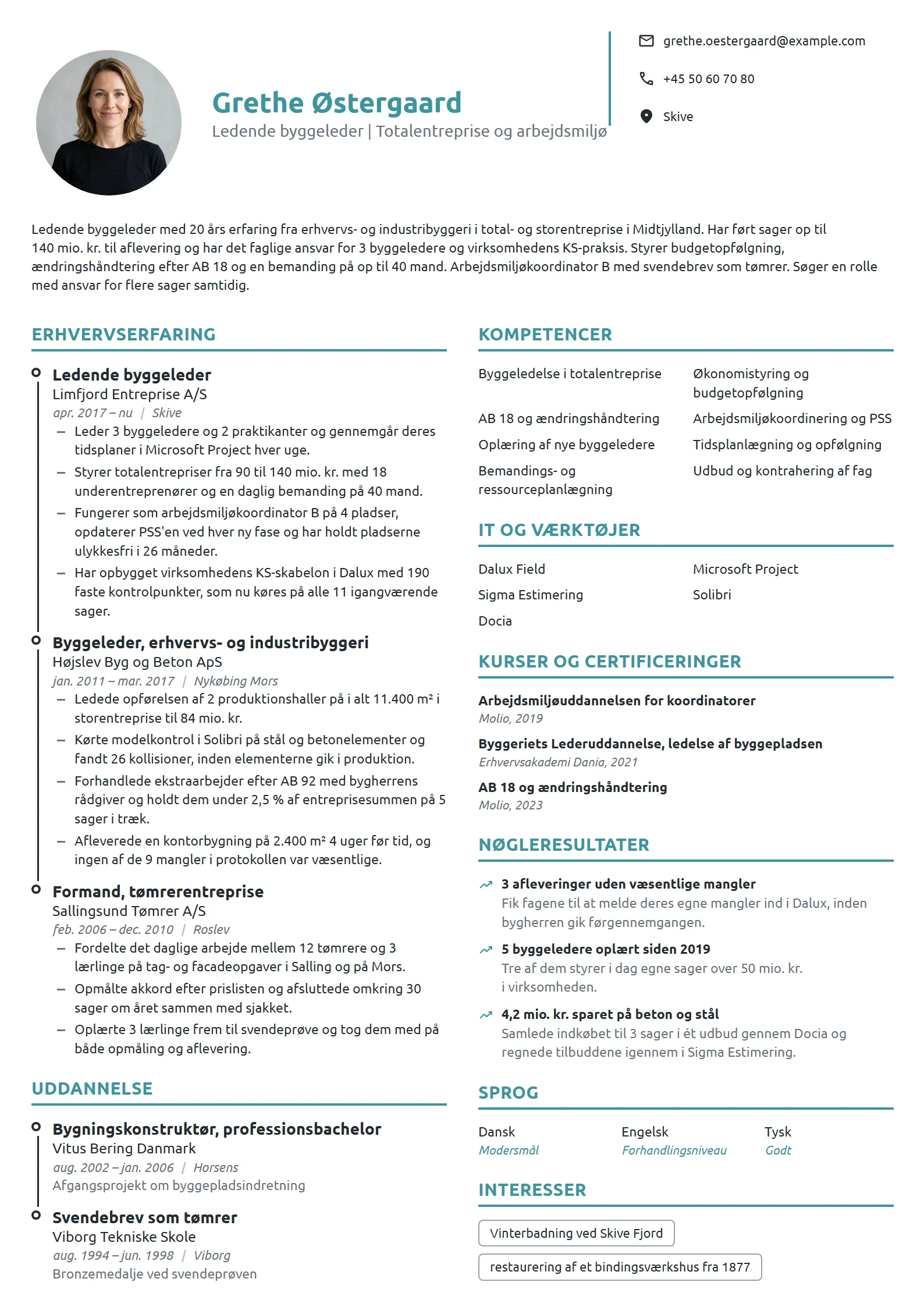 CV-eksempel til ledende byggeleder med 20 års erfaring