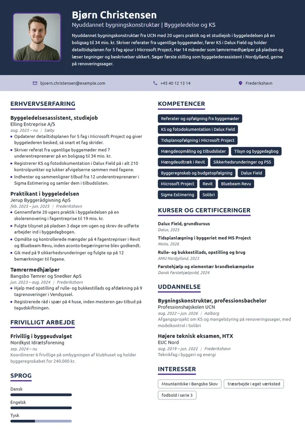 CV-eksempel til nyuddannet konstruktør, ny byggeleder