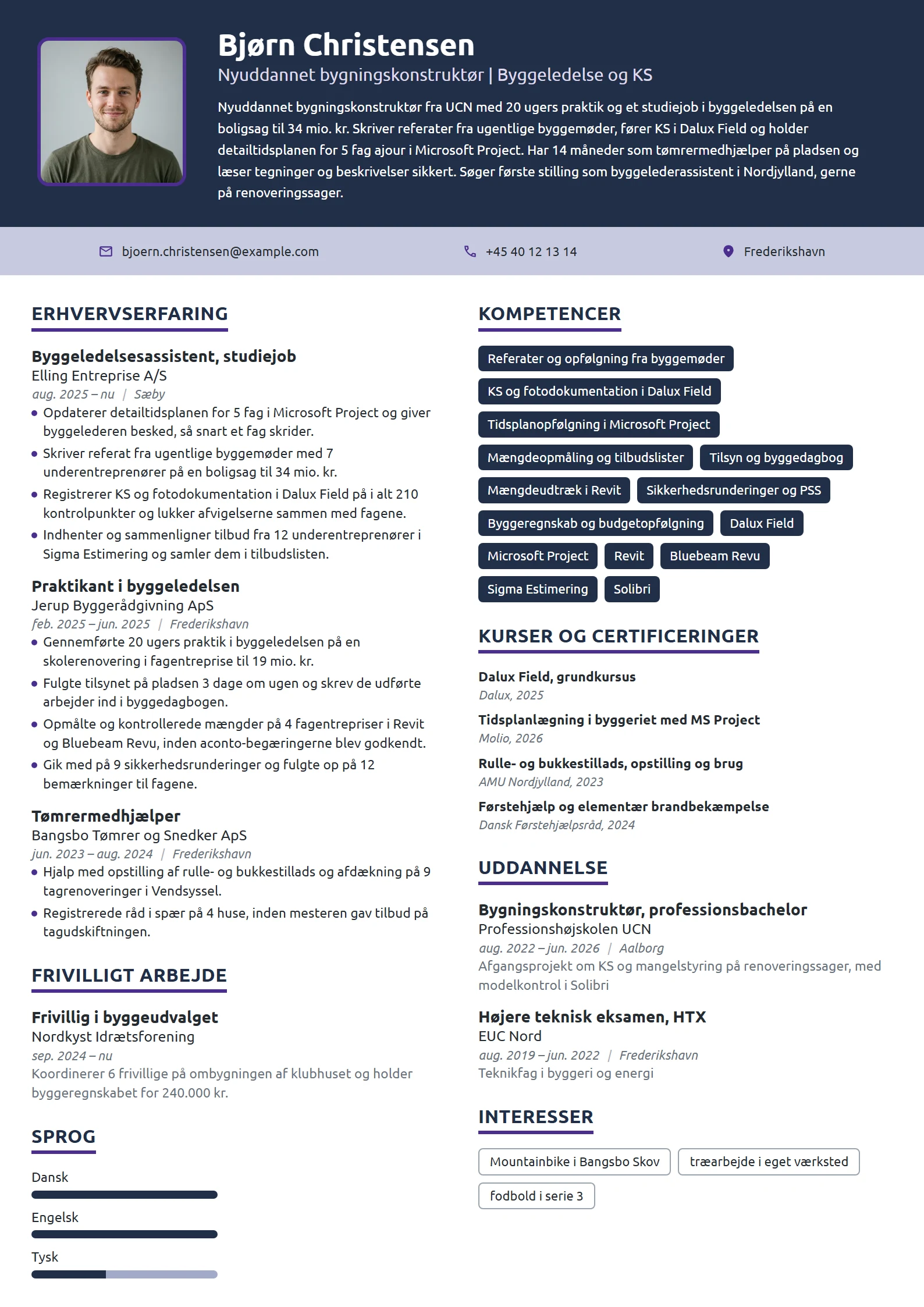 CV-eksempel til nyuddannet konstruktør, ny byggeleder