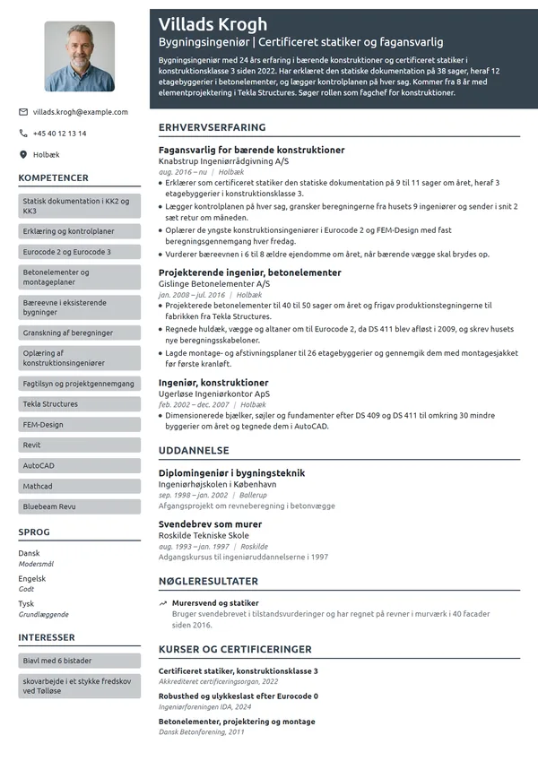 CV-eksempel til certificeret statiker med 24 års erfaring