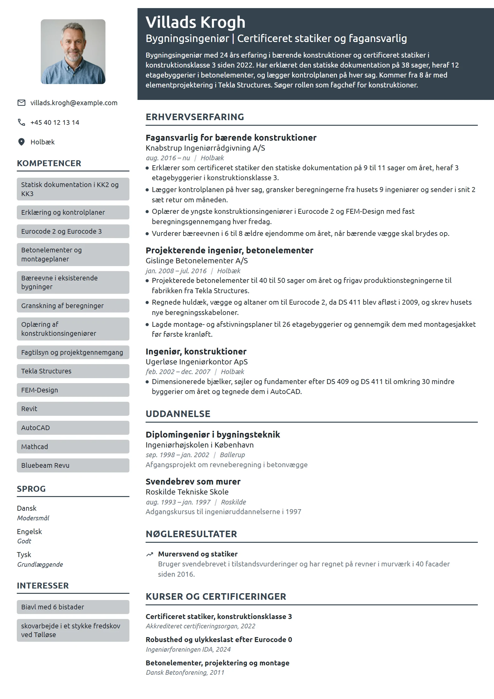 CV-eksempel til certificeret statiker med 24 års erfaring
