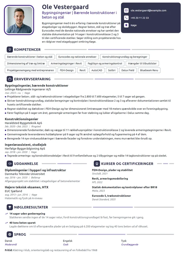 CV-eksempel til bygningsingeniør i bærende konstruktioner