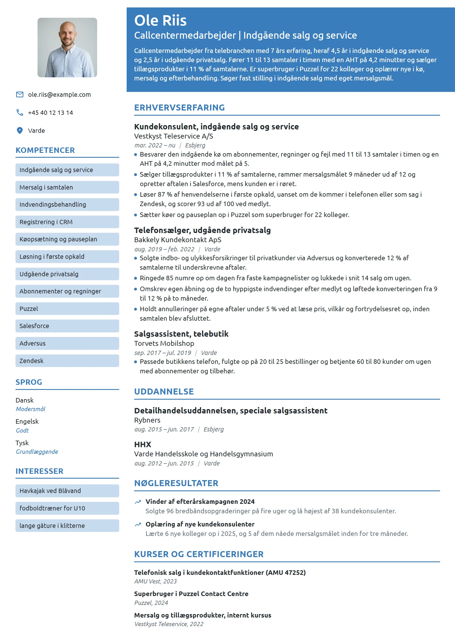 CV-eksempel til erfaren i indgående salg og service