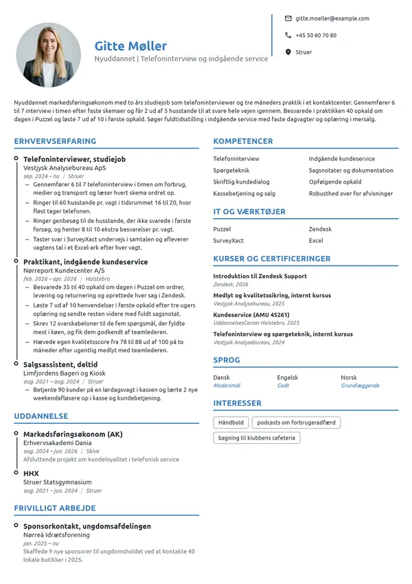 CV-eksempel til nyuddannet med studiejob i callcenter