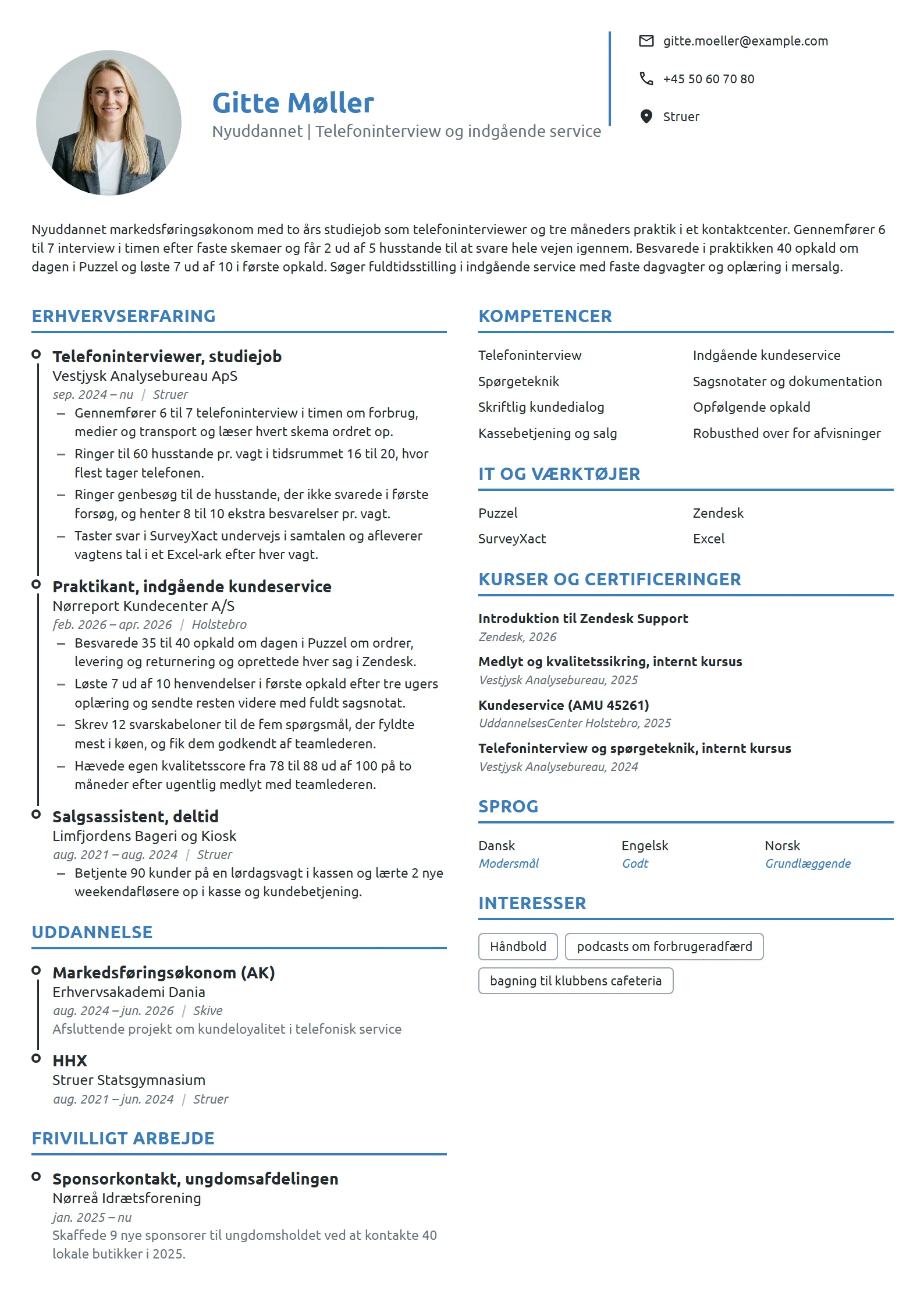 CV-eksempel til nyuddannet med studiejob i callcenter