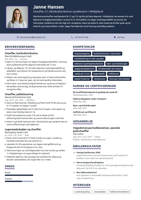 CV-eksempel til erfaren distributionschauffør med C1