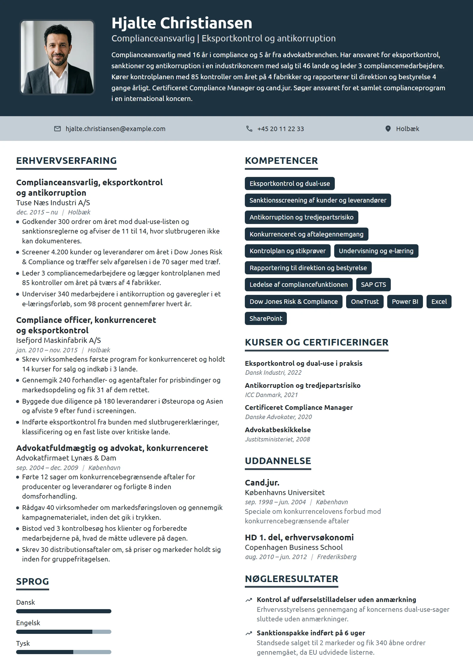 CV-eksempel til complianceansvarlig i industrikoncern