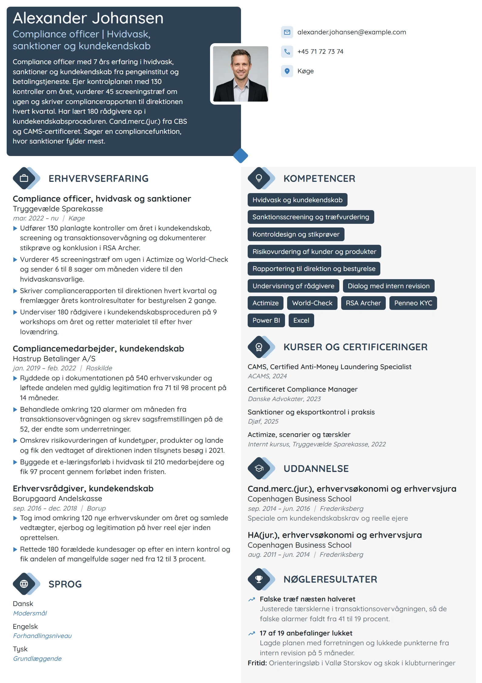 CV-eksempel til compliance officer i pengeinstitut