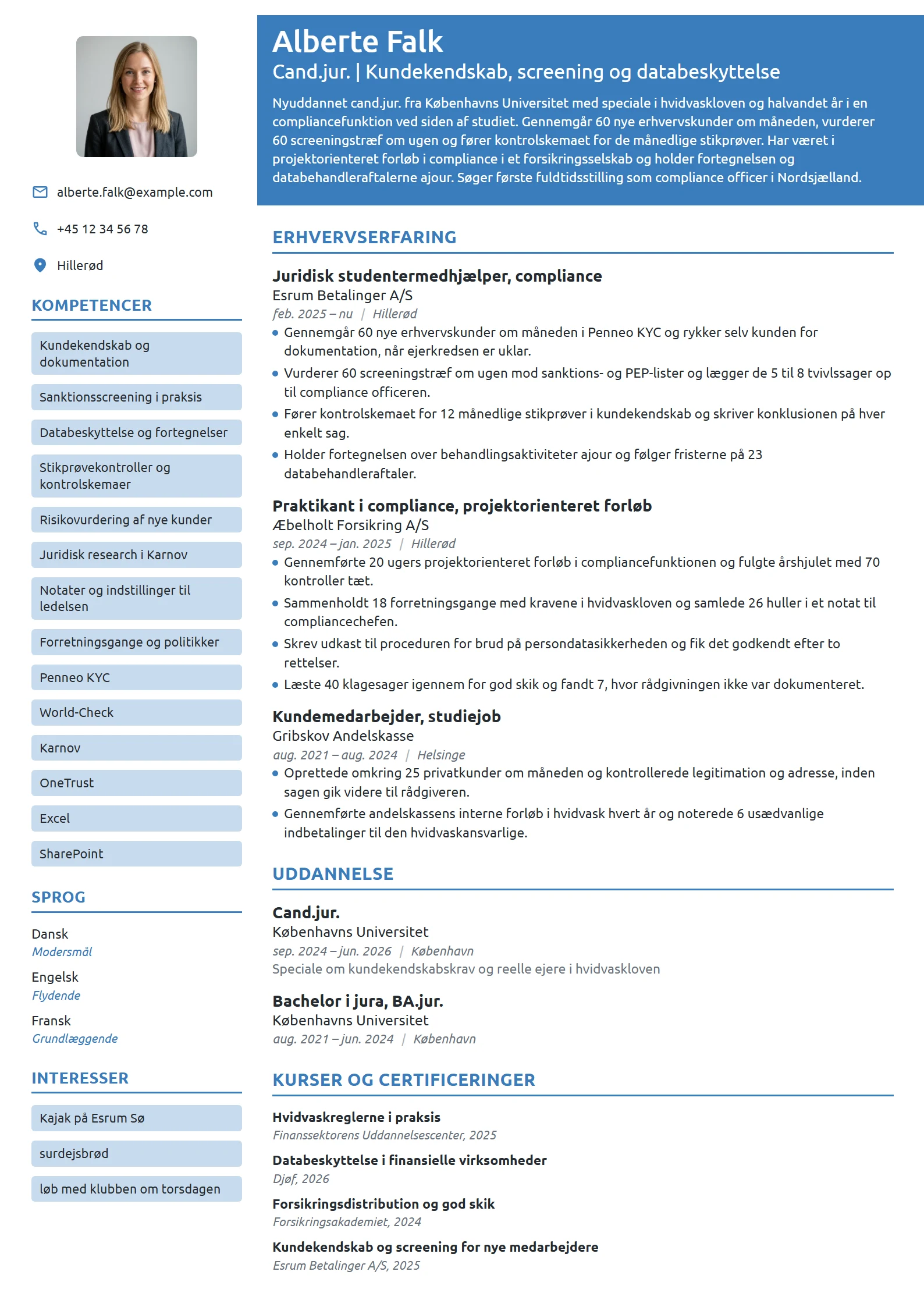 CV-eksempel til nyuddannet cand.jur. i compliance