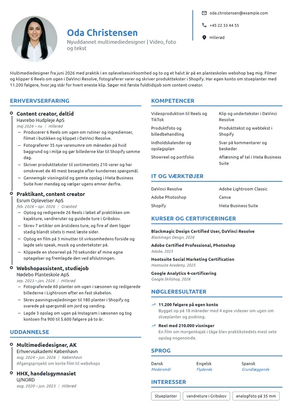CV-eksempel til nyuddannet content creator