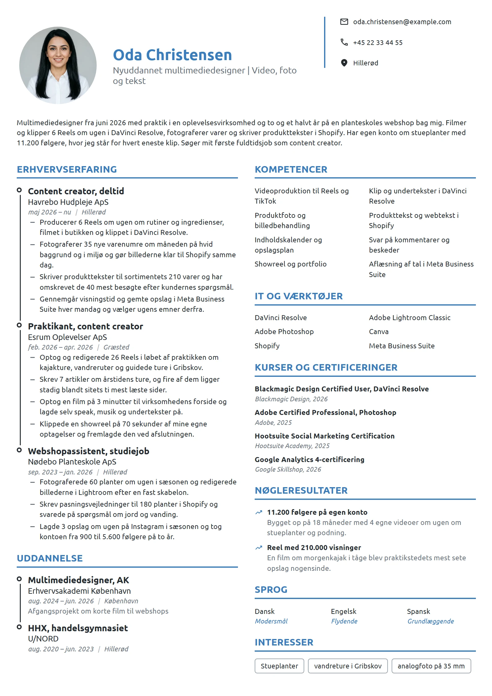CV-eksempel til nyuddannet content creator