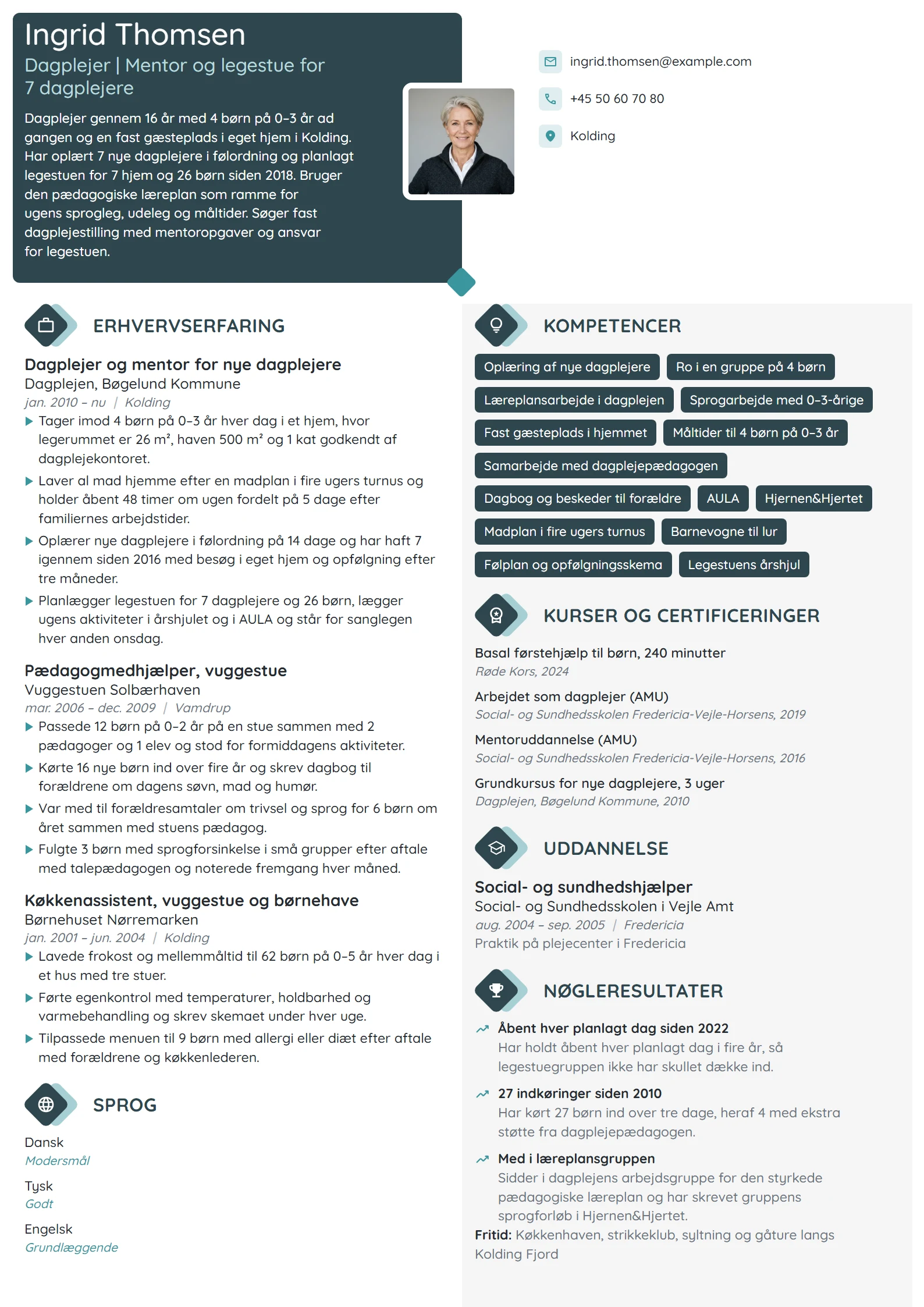 CV-eksempel til erfaren dagplejer med mentoransvar
