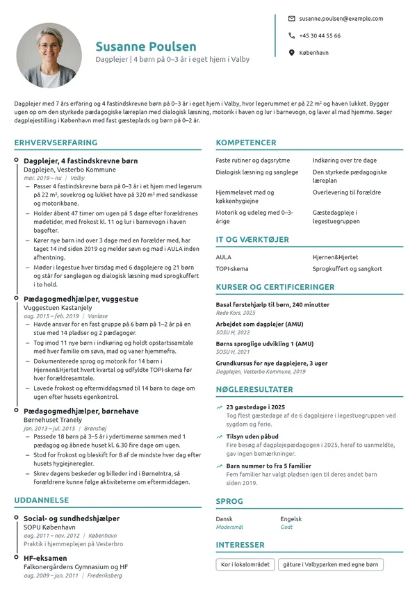 CV-eksempel til erfaren dagplejer med 4 børn i hjemmet