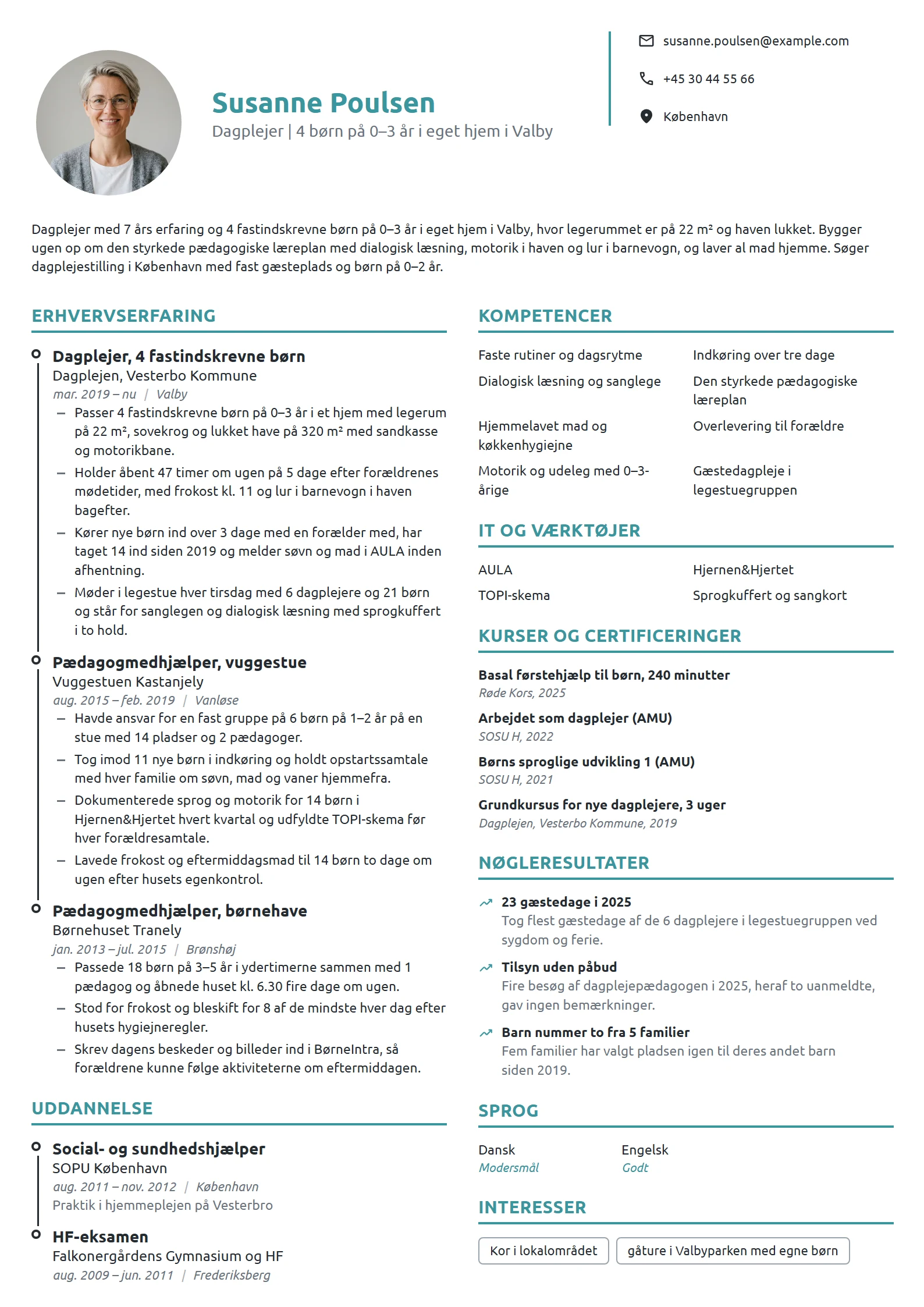 CV-eksempel til erfaren dagplejer med 4 børn i hjemmet