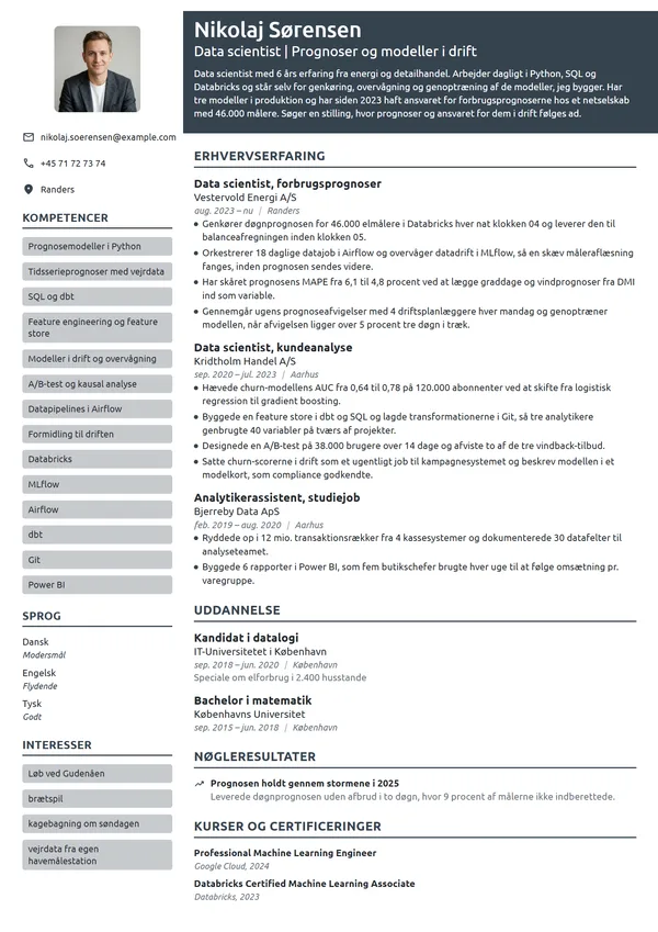 CV-eksempel til erfaren data scientist i energi