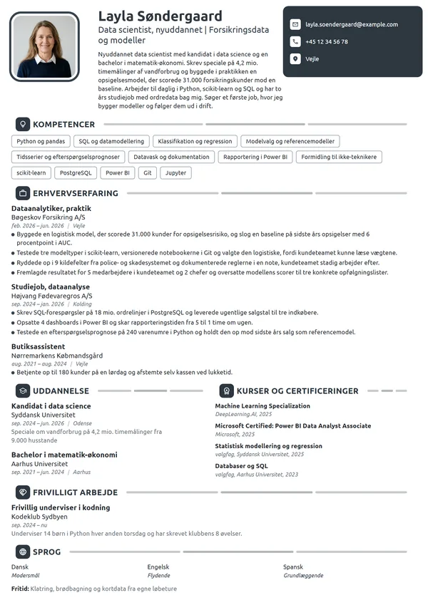 CV-eksempel til nyuddannet data scientist med praktik