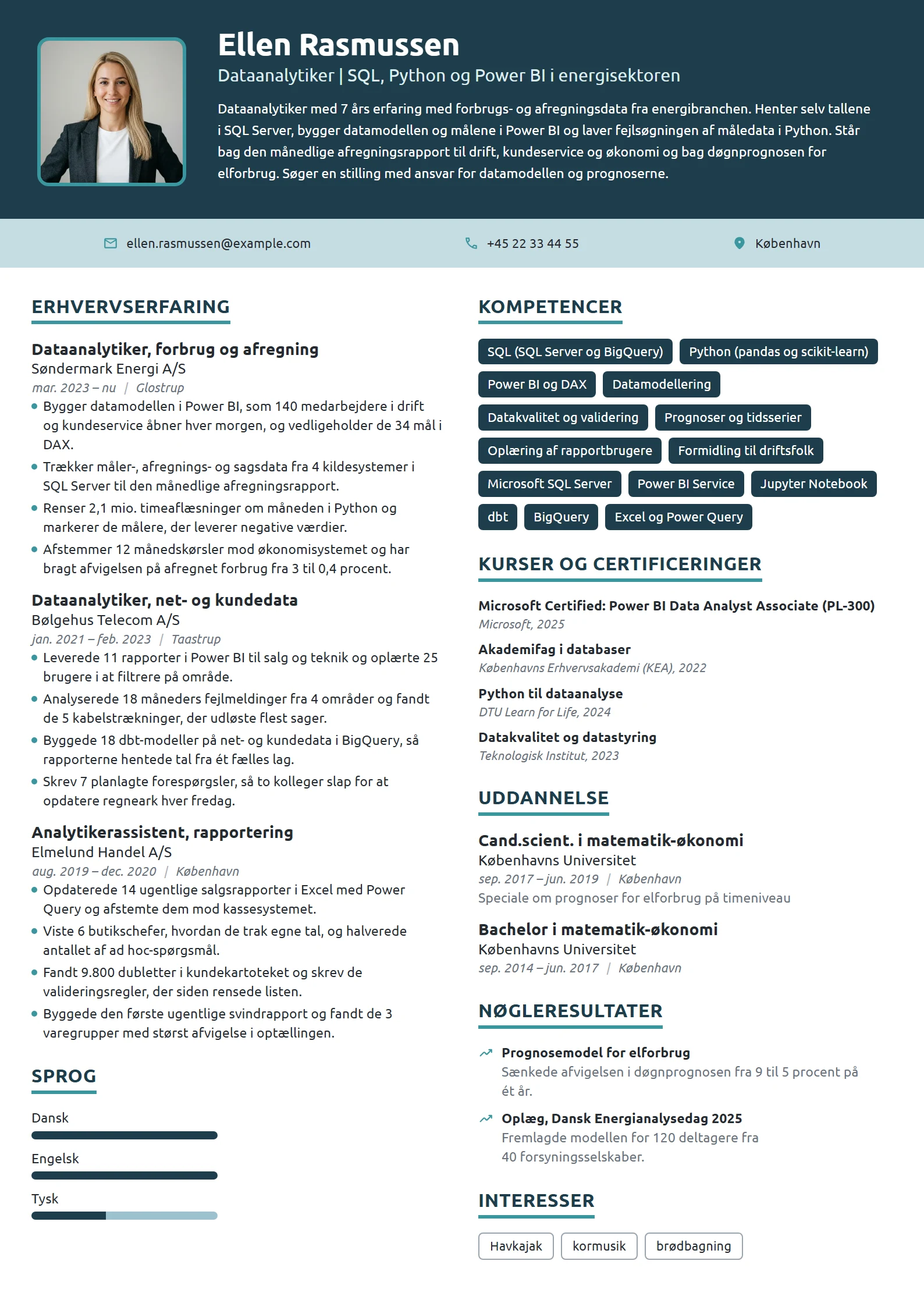 CV-eksempel til erfaren dataanalytiker i energisektoren