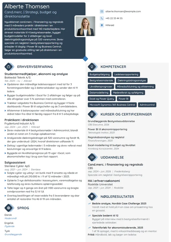 CV-eksempel til nyuddannet til direktionen