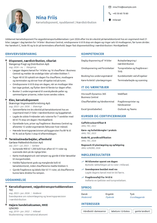 CV-eksempel til nyuddannet kørselsdisponent