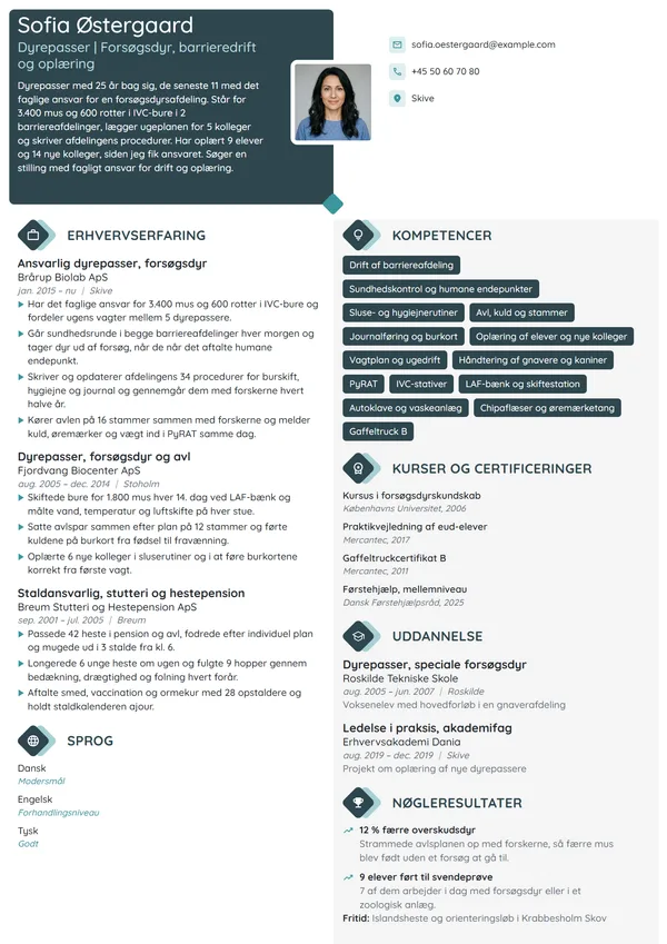 CV-eksempel til ansvarlig dyrepasser i forsøgsdyr