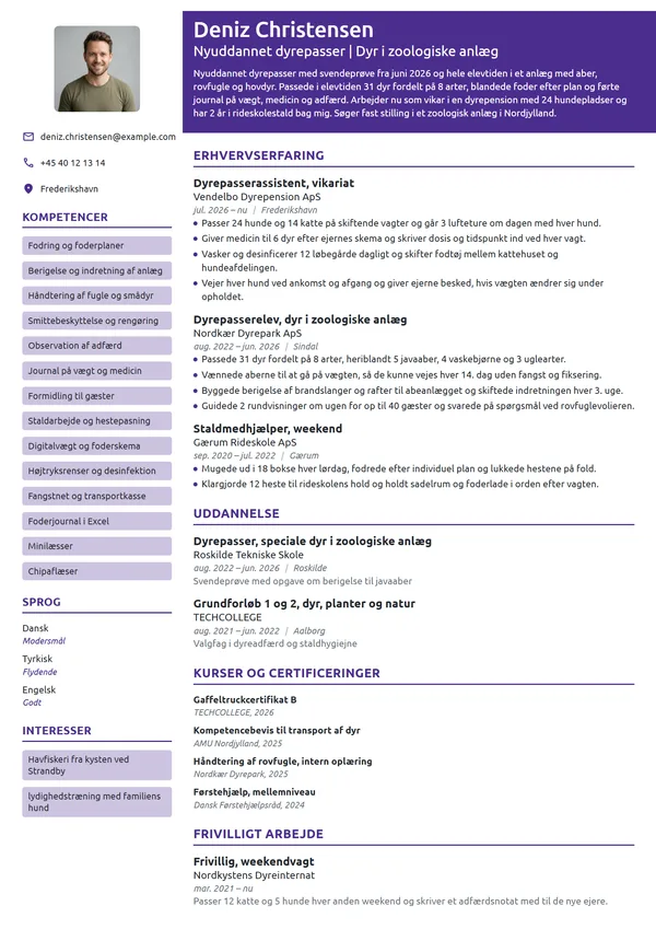CV-eksempel til nyuddannet dyrepasser, zoologisk anlæg